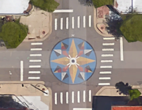 Photo street mural and crosswalk at West 25th Avenue and Eliot Street in Denver