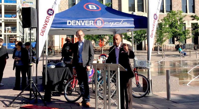 Mayor Michael Hancock with B-Cycle Executive Director Nick Bohnenkamp. Photo: David Sachs