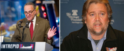 Imagine all the Trump signs marking projects that get tax breaks from the infrastructure plan Steve Bannon is pushing for. Schumer photo: NASA/Bill Ingalls/Wikimedia Commons; Bannon photo: Don Irvine/Wikimedia Commons