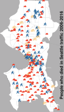 The locations of traffic deaths in Seattle over the last 10 years. Map: Seattle Department of Transportation