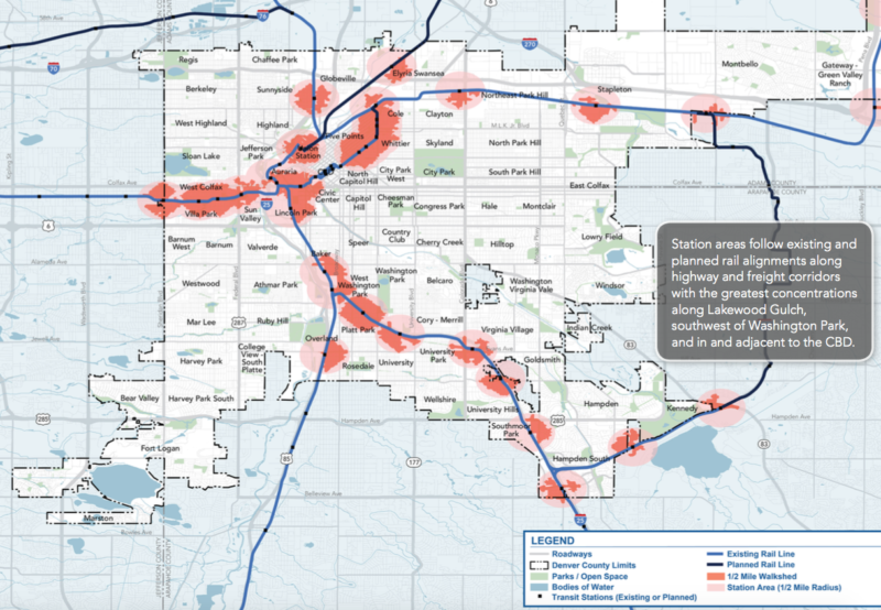 The light pink areas around RTD rail stations represent areas where people should be able to walk to the train easily, but can't because of indirect walking routes thanks to things like parking lots and highways. Image: City and County of Denver