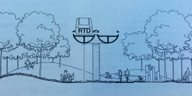 A rendering from a 1972 RTD planning document shows what personal rapid transit may have looked like. It never panned out, which is might be a good thing. Image: RTD