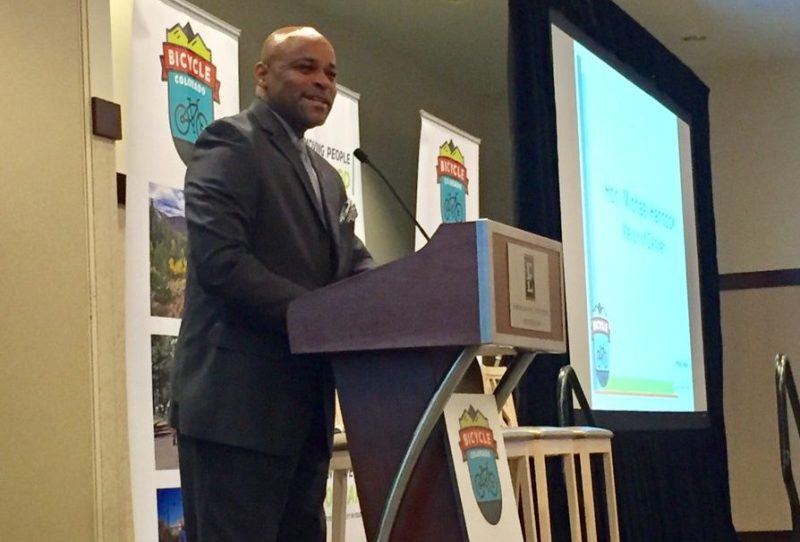 Mayor Michael Hancock at yesterday's Bicycle Colorado Moving People Forward conference. Photo: Piep van Heuven via Twitter