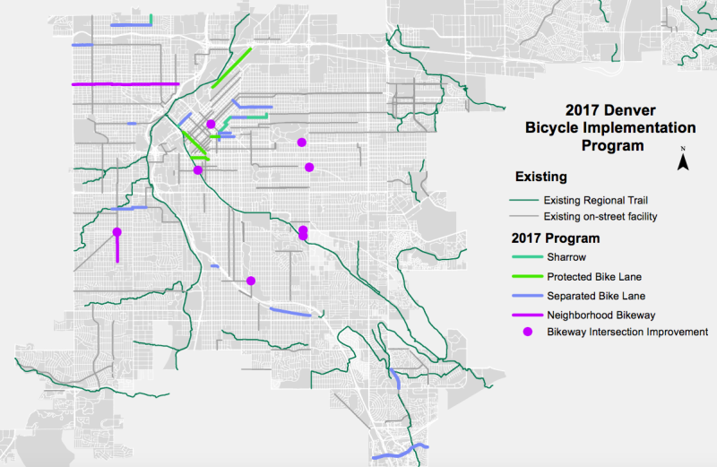 That bright green line up top represents the raised bike lane coming to Brighton Boulevard. Imagine if it continued south, through the heart of the city and all the way to I-25 and Broadway. Image: DPW