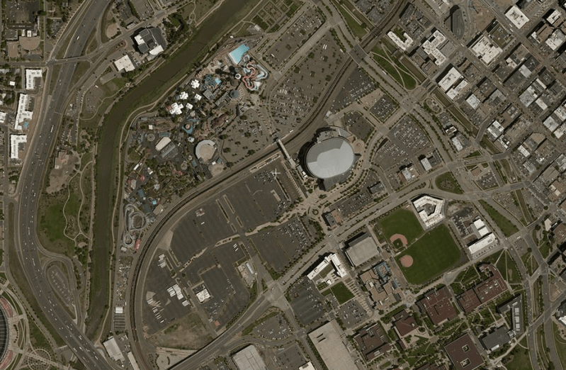 The Great Parking Sea of Auraria. As one Streetsblog commenter said, "Really, this is downtown Denver not 'close to downtown.' It's just that it is a gigantic parking lot, so nobody calls it 'downtown.'" Image: Zoom Earth