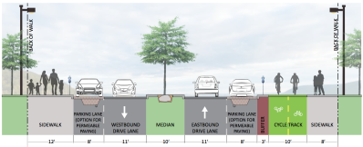 Buchtel Boulevard, which is four lanes, will shrink to two lanes, for the most part. This section is east of High Street. Image: OV Consulting
