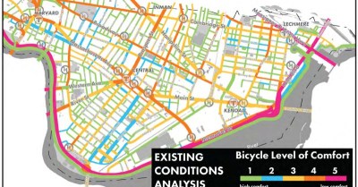A map of Cambridge, Massachusetts, with streets categorized by how comfortable it is to ride a bike. Source: FHWA Bike Network Planning Idea Book