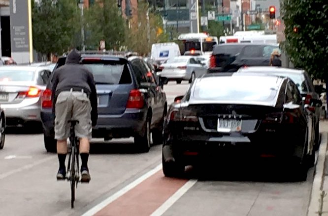 The "protected" bike lane o 14th Street. Photo: David Sachs