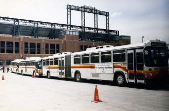 Old RTD buses in front of Coors Field in 1995. Photo:  Steve Rinker/Flickr