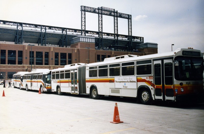 Old RTD buses in front of Coors Field in 1995. Photo: Steve Rinker/Flickr
