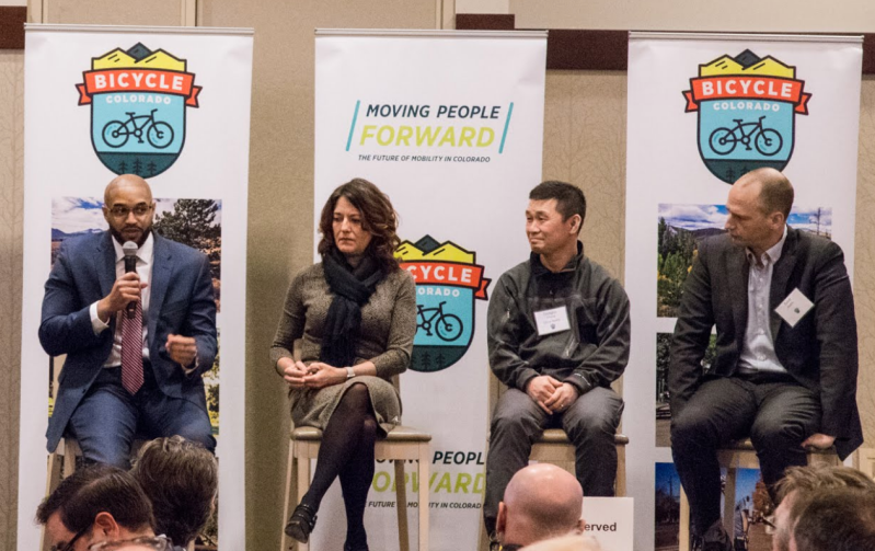 From left, Denver Public Works Executive Director Eulois Cleckley, Metro Denver Chamber President Kelly Brough, Seattle City Traffic Engineer Donho Chang, and former Seattle DOT chief Scott Kubly. Photo: Jack Todd/Bicycle Colorado