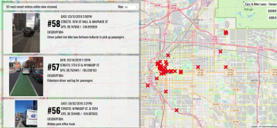 Things in Bike Lanes documents where drivers are blocking bike lanes, what time of day, and any other info that people choose to share.