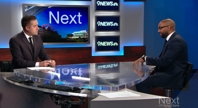 Kyle Clark, left, interviews Eulois Cleckley, head of Denver Public Works.