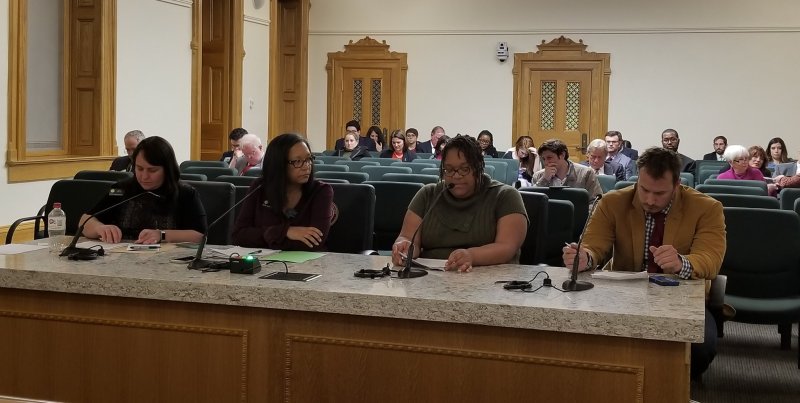 From left, Representative Faith Winter, Representative Dominique Jackson, Jenee Donelson of 9to5 Colorado, and Chris Stiffler of the Colorado Fiscal Institute. Photo: Neha Mahajan