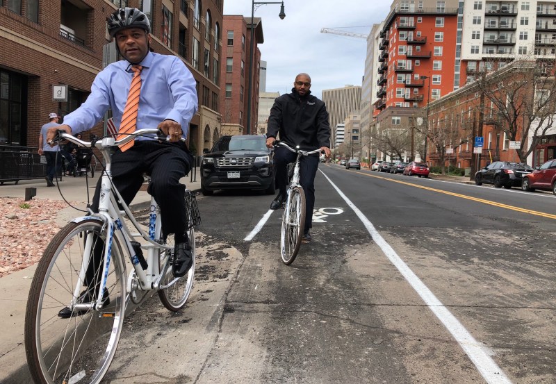 Mayor Michael Hancock and DPW Executive Director Eulois Cleckley tested out the new design by bike. Photo: David Sachs