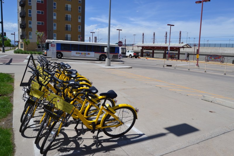Dockless bikes at a designated parking area at the University RTD station. Photo: David Sachs