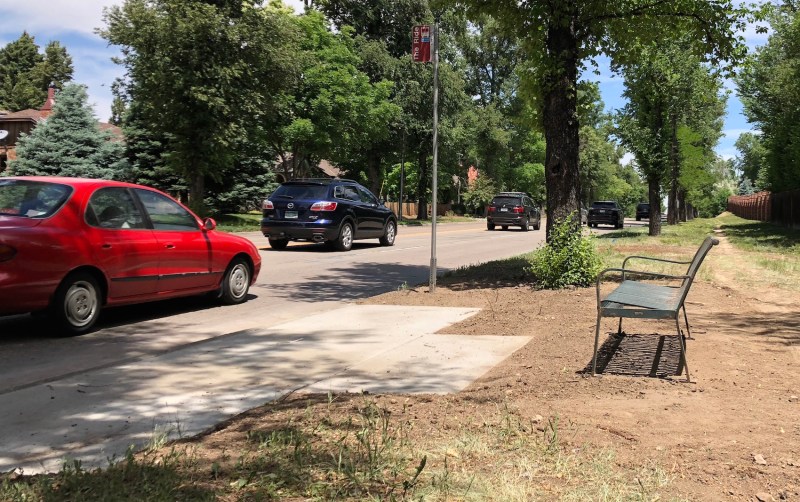 One of two bus stops on the University Boulevard dirtwalk. Photo: David Sachs