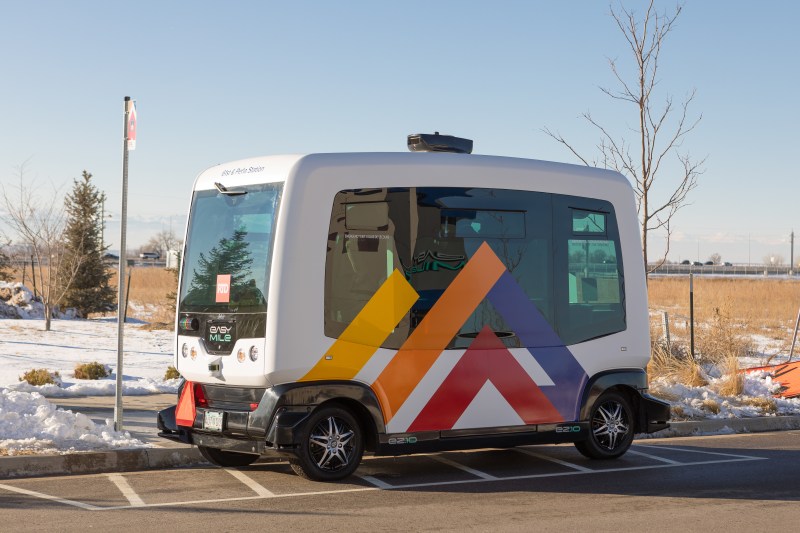 RTD's new driverless shuttle at a bus stop. Photo: RTD.
