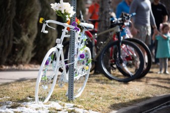 Saturday cyclists and loved ones dedicated this 'ghost bike' in remembrance of Dave Martinez at at 33rd Ave. and Zuni St., where a driver hit him. All photos: Andy Bosselman, Streetsblog, unless otherwise noted.