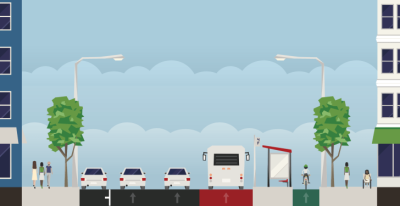 More dedicated bus lanes are called for in Denver's new plans for the next 20 years. This  Streetsblog rendering envisions how 18th and 19th streets could look. Illustration: David Sachs with Streetmix
