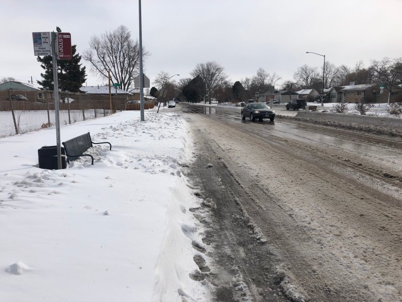 Today snow covered this bus stop on MLK Blvd. at Elm St. Photo: Twitter user @pedestrianhonor