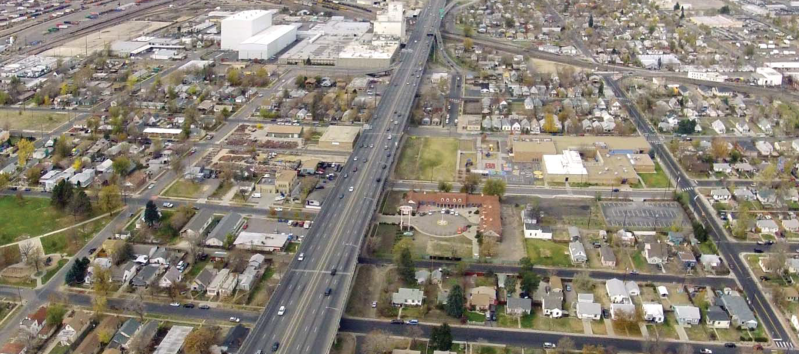 This Interstate 70 viaduct cuts through the Denver neighborhoods of Elyria, Swansea, and Globeville. It will be torn down expanded to a 14-lane sunken freeway. Photo: CDOT.
