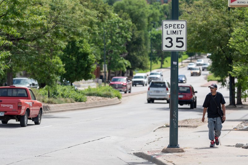 A pedestrian walks on Alameda this morning near where Streetsblog clocked drivers traveling at 53 mph. Photo: Andy Bosselman