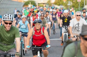 About 140 people participated in Friday's Critical Mass ride. Photo: Andy Bosselman