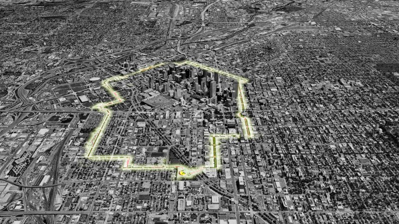 An aerial view of downtown highlights the location of the proposed 5280 Trail. Image: Downtown Denver Partnership