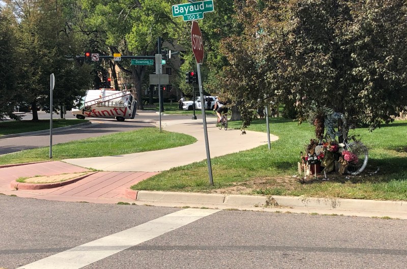A Comcast Xfinity van tips over within eyeshot of where cyclist Alexis Bounds was killed July 24. Photo: Anonymous