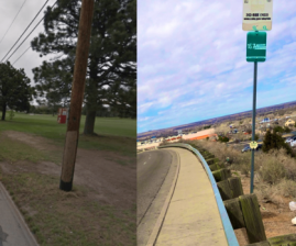 Denver bus stop with no sidewalk, bench, or shelter and Albuquerque bus stop on cliff